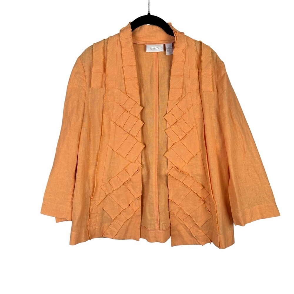 Chico's Women's Linen Jacket‎ Orange Open Front Size 1 Size Medium Spring Easter